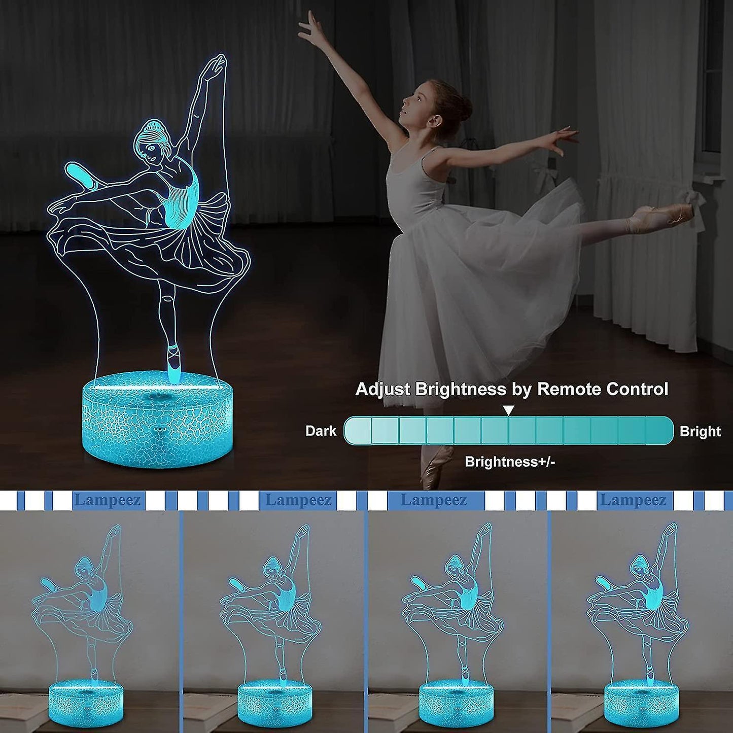 JUSCH Cute Dancing Dancer Ballet Girl Ballerina 3D Optical Illusion LED Bedroom Decor Sleep Table Lamp with Remote 7 Colors Visual Night Light Birthda