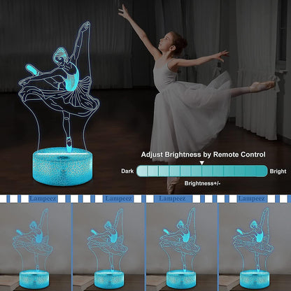 JUSCH Cute Dancing Dancer Ballet Girl Ballerina 3D Optical Illusion LED Bedroom Decor Sleep Table Lamp with Remote 7 Colors Visual Night Light Birthda