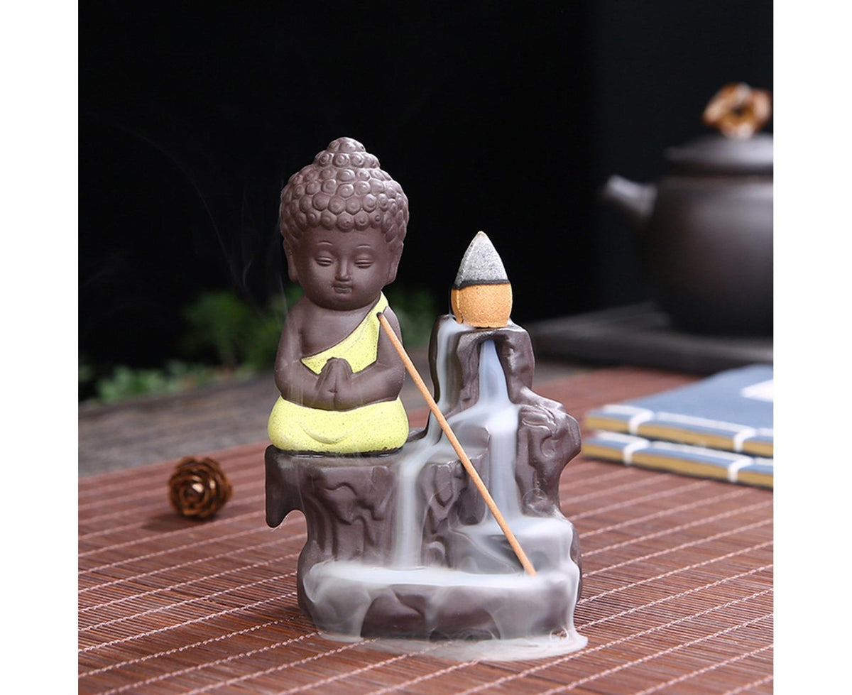 Home Fragrance Creative Little Monk Small Buddha Censer Backflow Incense Burner-Light Orange