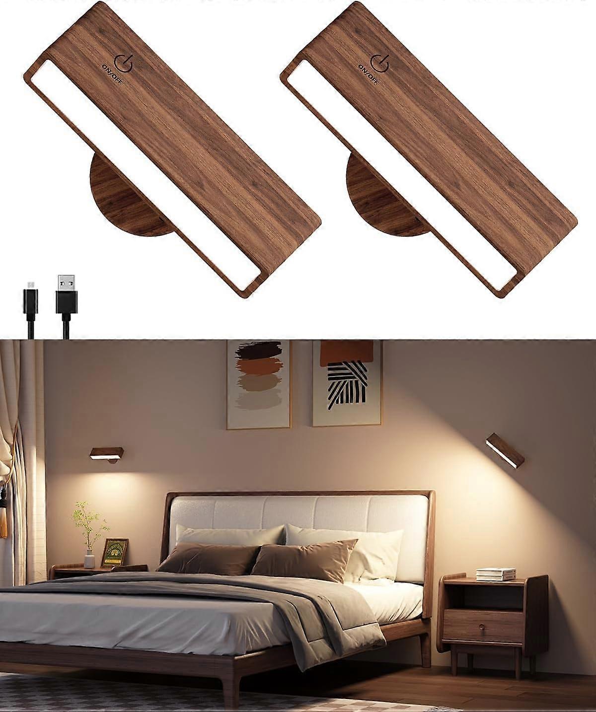 Battery Operated Wall Sconces Set of 2, Rechargeable Wood Wall Lights, Stick On