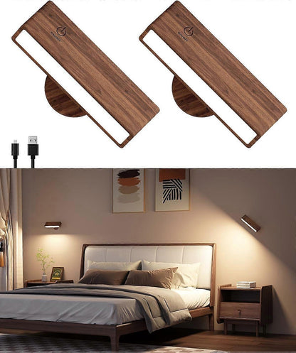 Battery Operated Wall Sconces Set of 2, Rechargeable Wood Wall Lights, Stick On