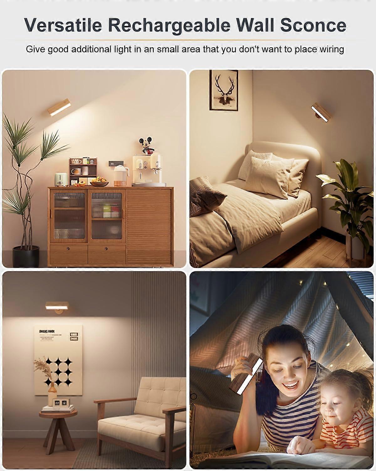 Battery Operated Wall Sconces Set of 2, Rechargeable Wood Wall Lights, Stick On