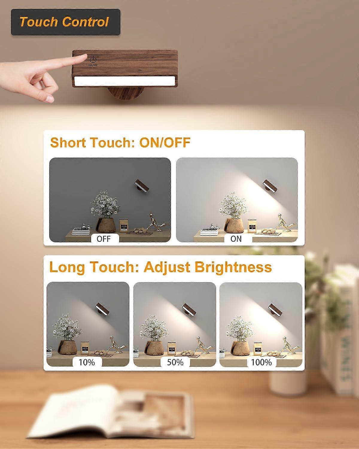 Battery Operated Wall Sconces Set of 2, Rechargeable Wood Wall Lights, Stick On