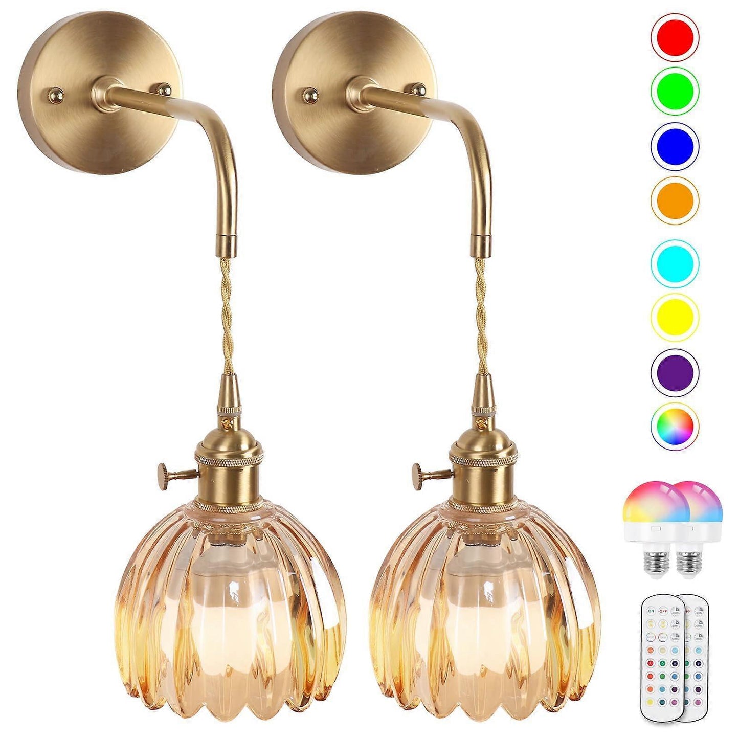 Battery Operated Wall Sconces Set of 2, Vintage Amber Glass, Rechargeable, Remote Dimmable