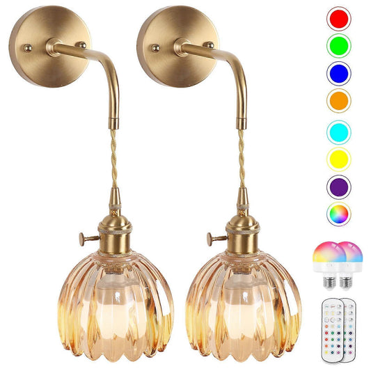 Battery Operated Wall Sconces Set of 2, Vintage Amber Glass, Rechargeable, Remote Dimmable