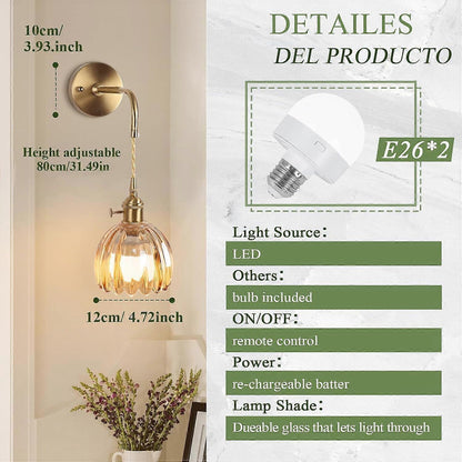 Battery Operated Wall Sconces Set of 2, Vintage Amber Glass, Rechargeable, Remote Dimmable