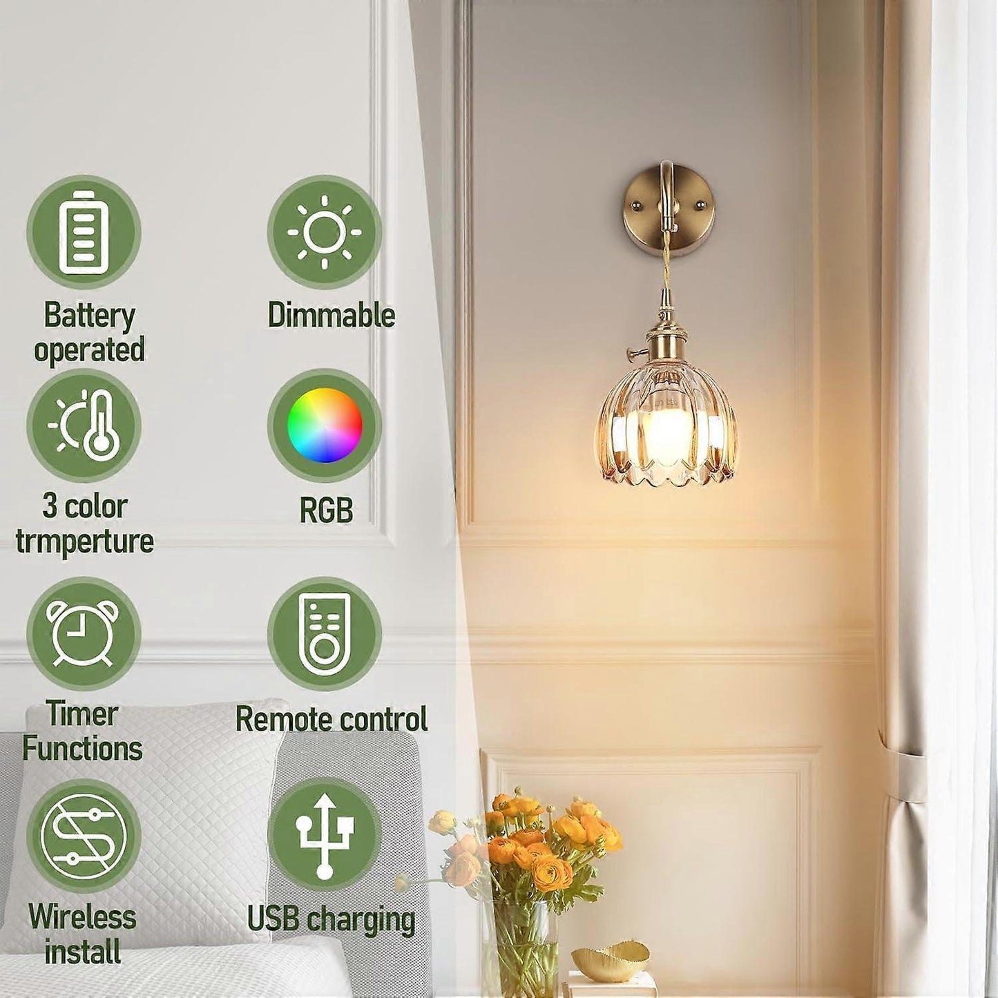 Battery Operated Wall Sconces Set of 2, Vintage Amber Glass, Rechargeable, Remote Dimmable