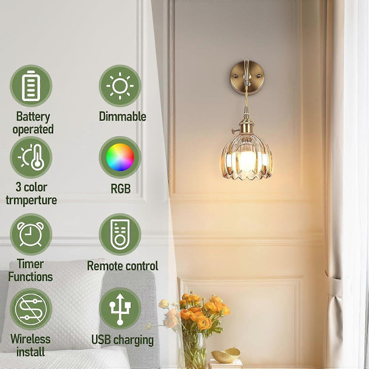 Battery Operated Wall Sconces Set of 2, Vintage Amber Glass, Rechargeable, Remote Dimmable