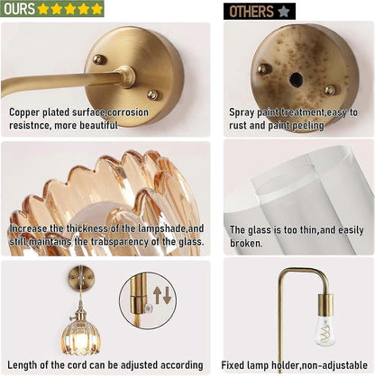 Battery Operated Wall Sconces Set of 2, Vintage Amber Glass, Rechargeable, Remote Dimmable