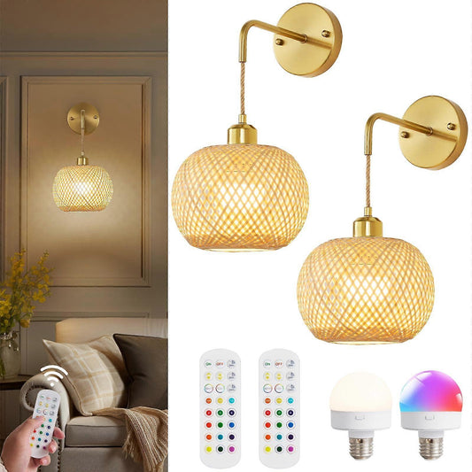 Battery Operated Wall Sconce Set of 2, Rechargeable Rattan RGB Light, Remote, Bedroom