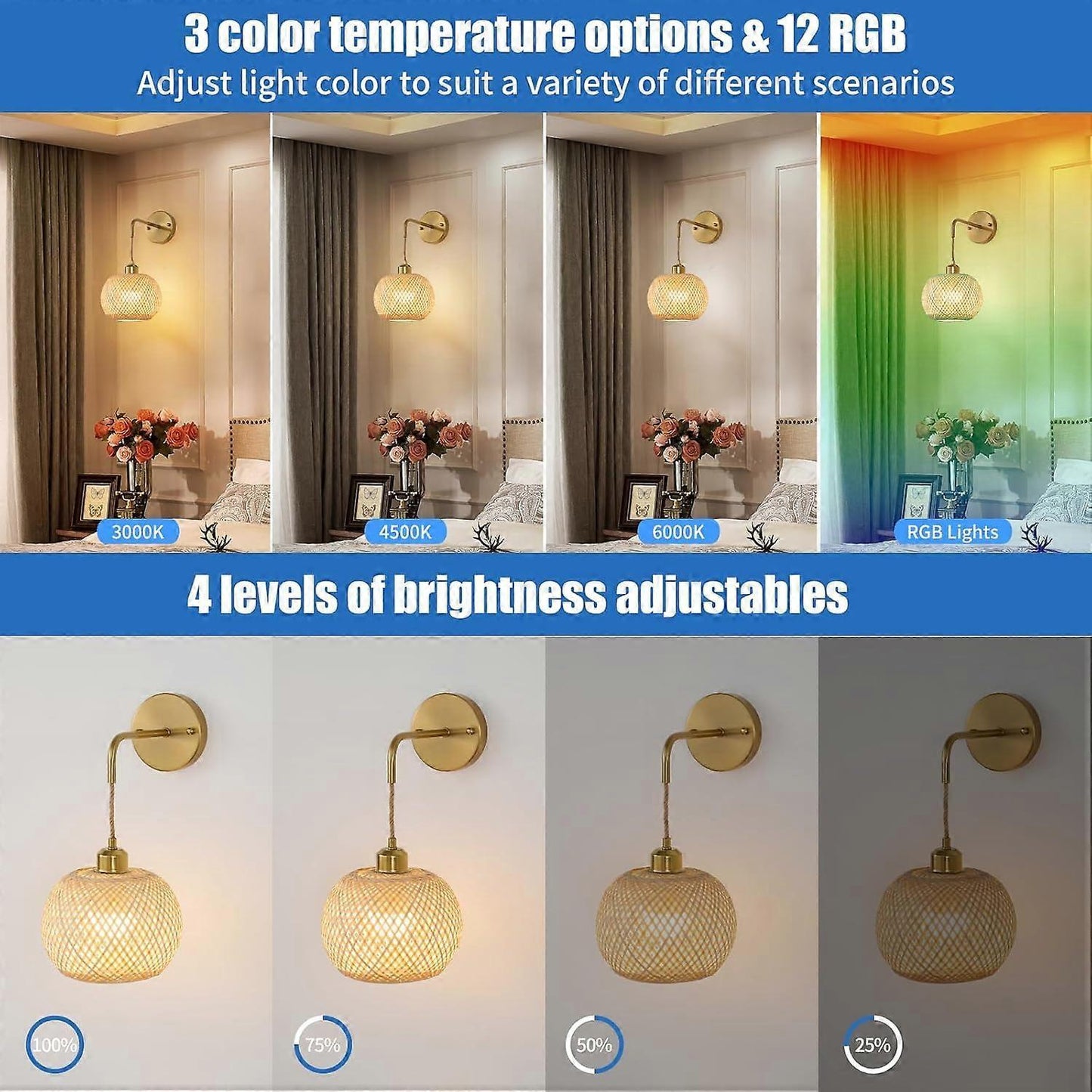 Battery Operated Wall Sconce Set of 2, Rechargeable Rattan RGB Light, Remote, Bedroom