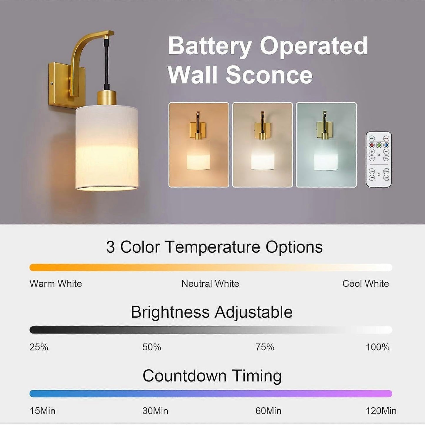 Battery Operated Wall Sconces Set of 2, Dimmable Wireless LED Lights, Remote, Gold