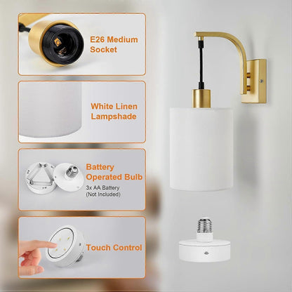 Battery Operated Wall Sconces Set of 2, Dimmable Wireless LED Lights, Remote, Gold