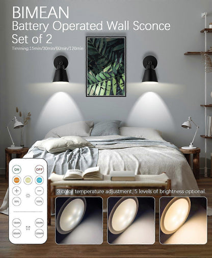 Battery Operated Wall Sconce Set of 2, Wireless LED Light with Remote, Dimmable