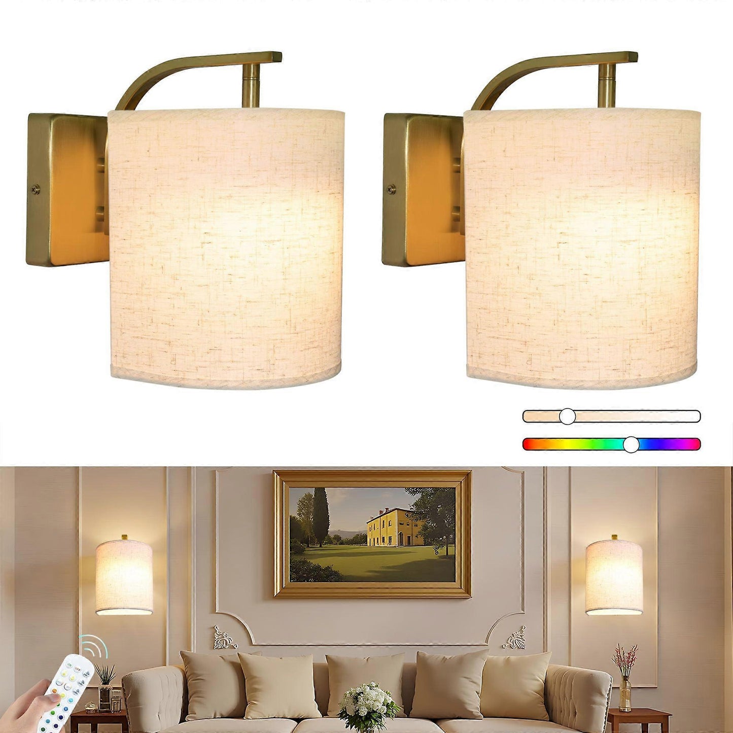Battery Operated Wall Sconces Set of 2, Rechargeable LED Lights, Remote, 12 RGB Colors, Gold