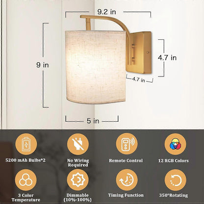 Battery Operated Wall Sconces Set of 2, Rechargeable LED Lights, Remote, 12 RGB Colors, Gold