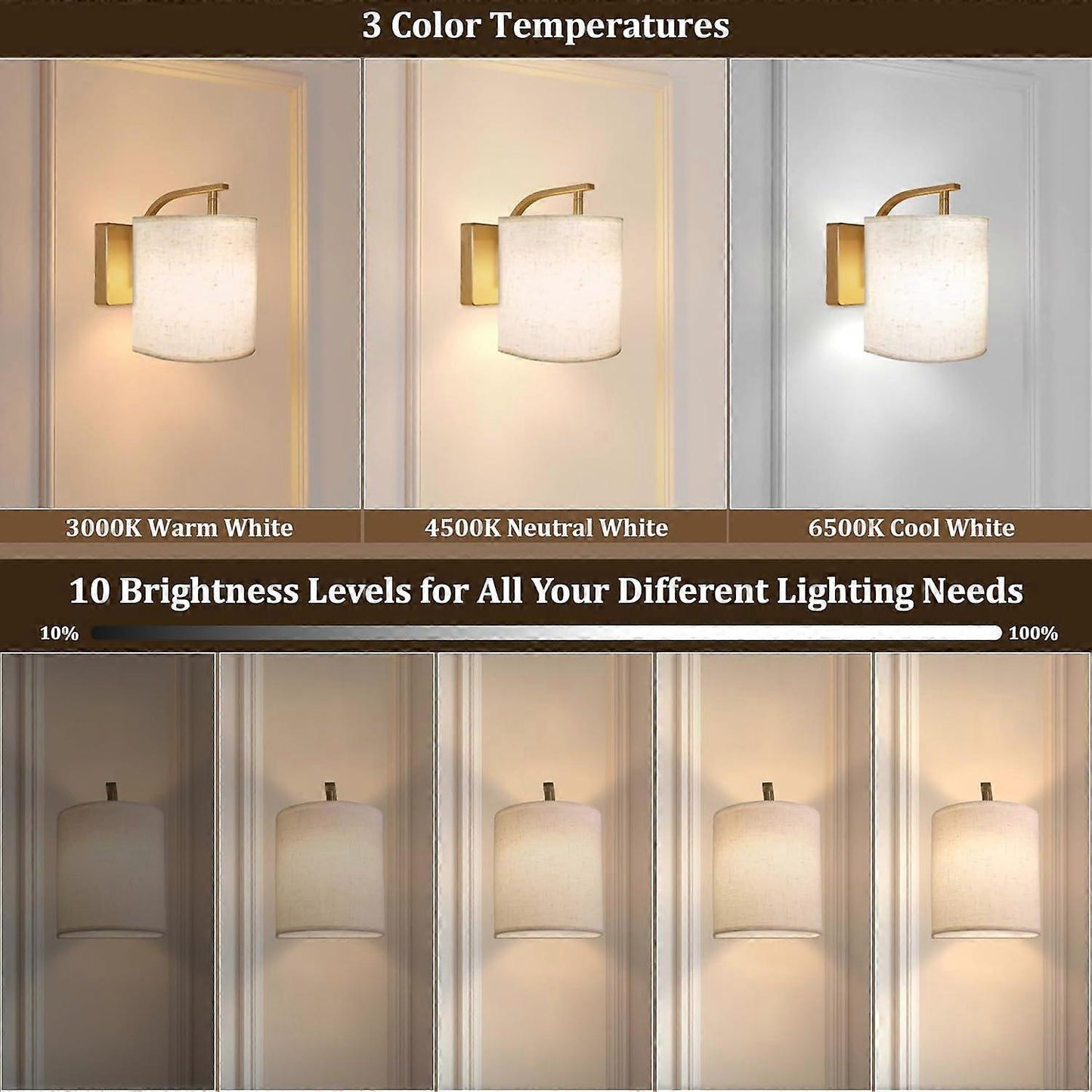 Battery Operated Wall Sconces Set of 2, Rechargeable LED Lights, Remote, 12 RGB Colors, Gold