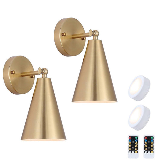 Modern Gold Battery Operated Wall Sconces Set of 2, Remote Dimming, Dual Color, Adjustable