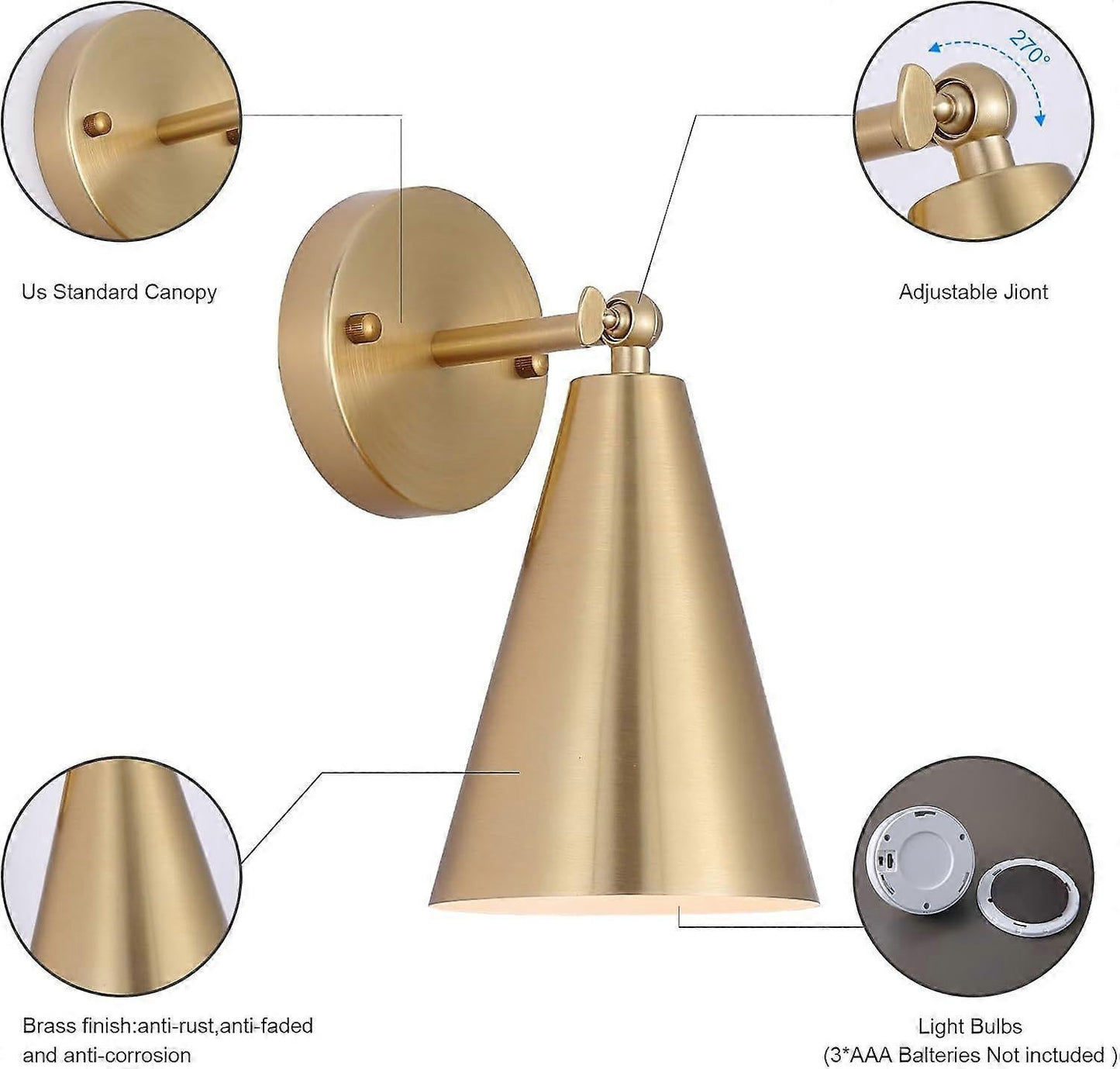 Modern Gold Battery Operated Wall Sconces Set of 2, Remote Dimming, Dual Color, Adjustable