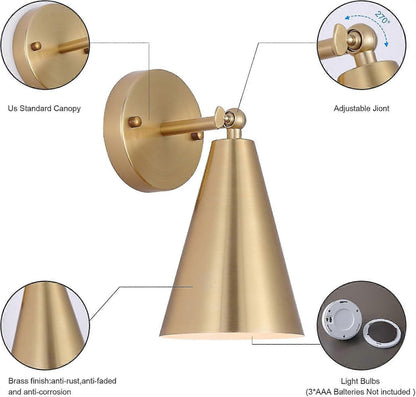 Modern Gold Battery Operated Wall Sconces Set of 2, Remote Dimming, Dual Color, Adjustable