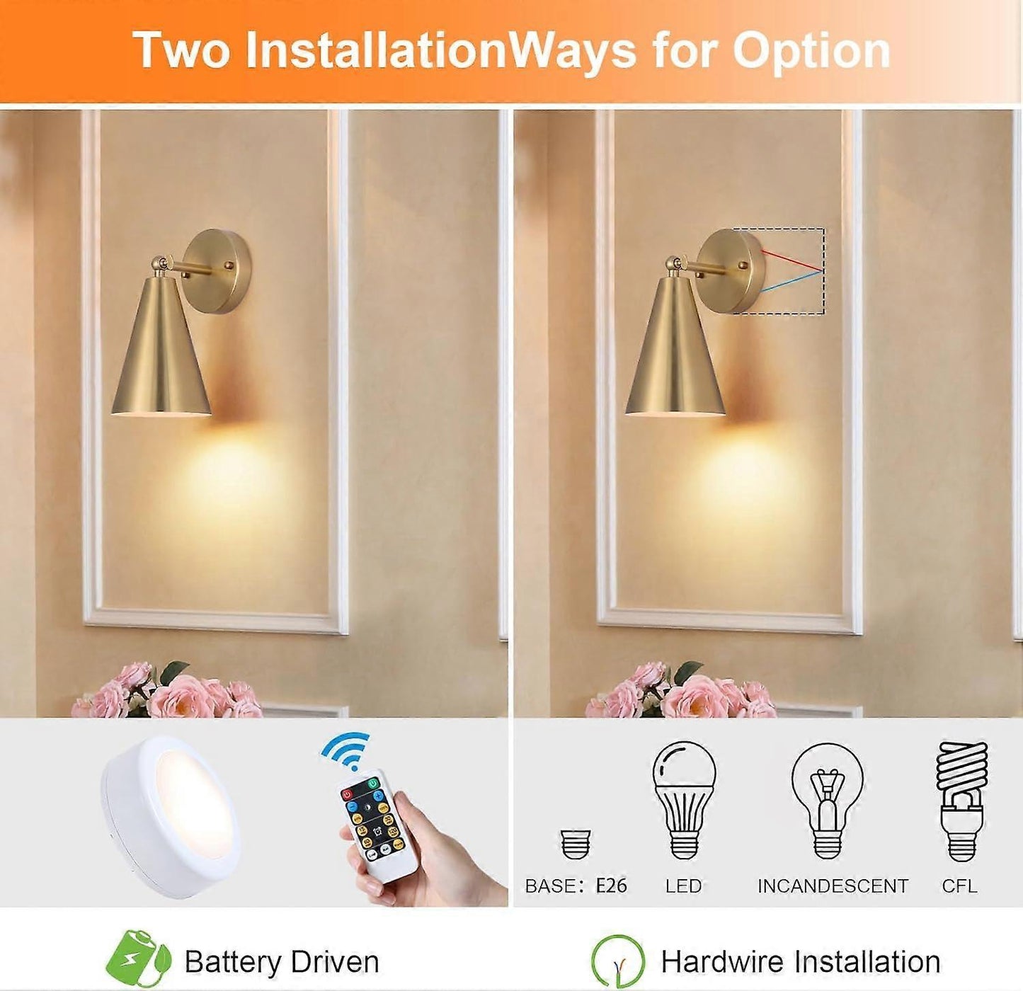 Modern Gold Battery Operated Wall Sconces Set of 2, Remote Dimming, Dual Color, Adjustable