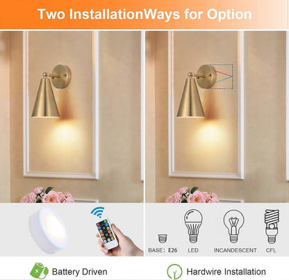 Modern Gold Battery Operated Wall Sconces Set of 2, Remote Dimming, Dual Color, Adjustable