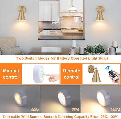 Modern Gold Battery Operated Wall Sconces Set of 2, Remote Dimming, Dual Color, Adjustable