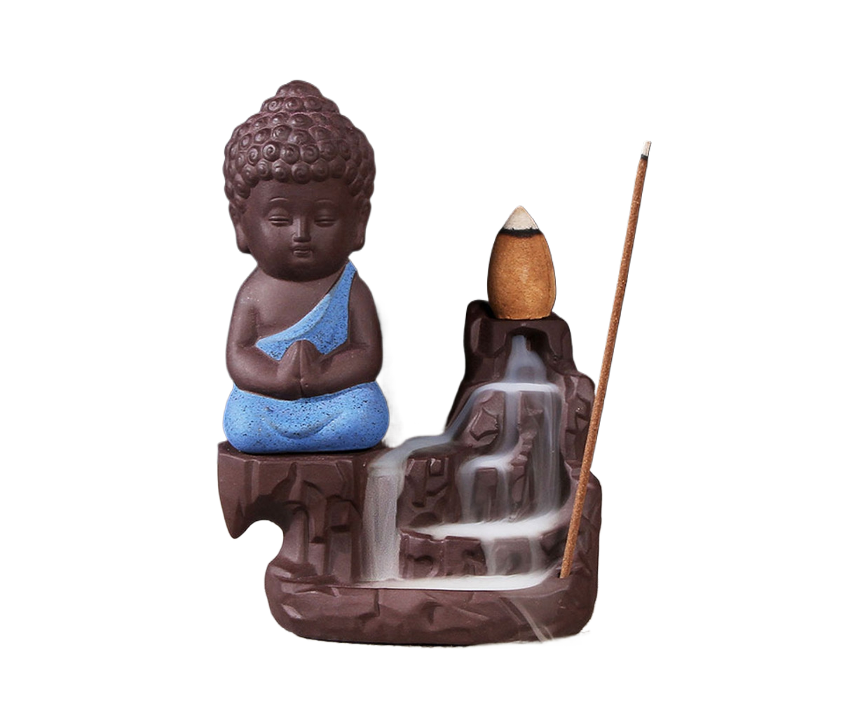 Porcelain Clay Little Buddha Censer Backflow Incense Burner Holder Ornament-Blue