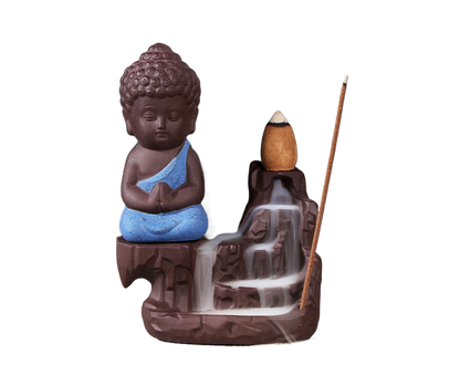 Porcelain Clay Little Buddha Censer Backflow Incense Burner Holder Ornament-Blue