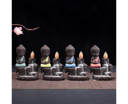 Porcelain Clay Little Buddha Censer Backflow Incense Burner Holder Ornament-Blue