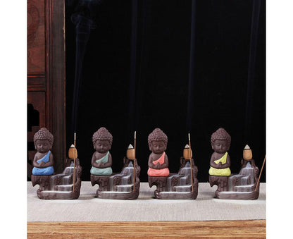 Porcelain Clay Little Buddha Censer Backflow Incense Burner Holder Ornament-Blue
