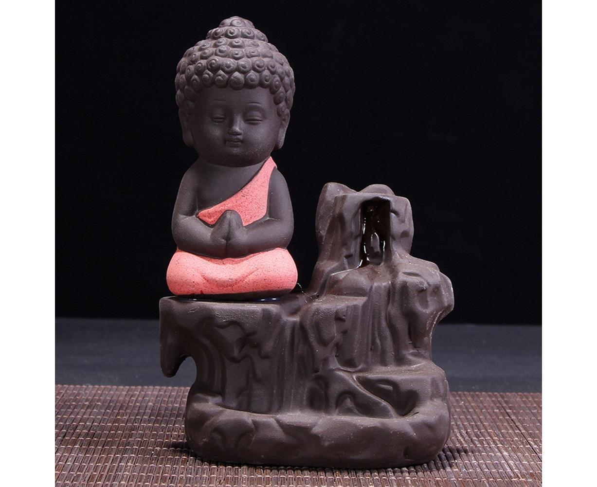 Porcelain Clay Little Buddha Censer Backflow Incense Burner Holder Ornament-Blue
