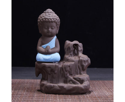 Porcelain Clay Little Buddha Censer Backflow Incense Burner Holder Ornament-Blue