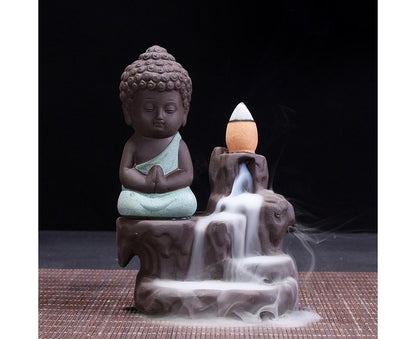 Porcelain Clay Little Buddha Censer Backflow Incense Burner Holder Ornament-Blue