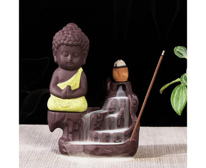 Porcelain Clay Little Buddha Censer Backflow Incense Burner Holder Ornament-Blue