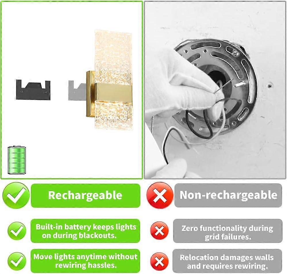 Battery Operated Wall Sconces Set of 2, Rechargeable LED Brass Gold Lights, Remote