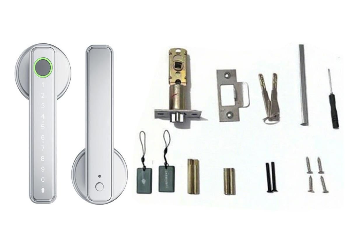 5 in 1 Smart Door Lock Fingerprint Door Knob with IC Cards and Backup Keys - Silver