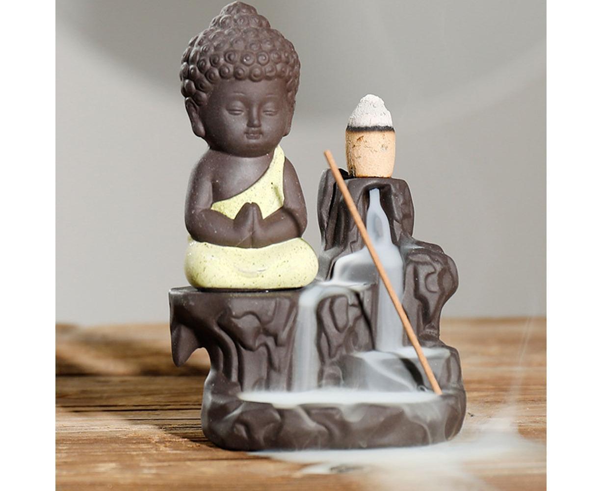 Monk Ceramic Buddha Incense Backflow Burner Cones Home Teahouse Table Decor-Yellow