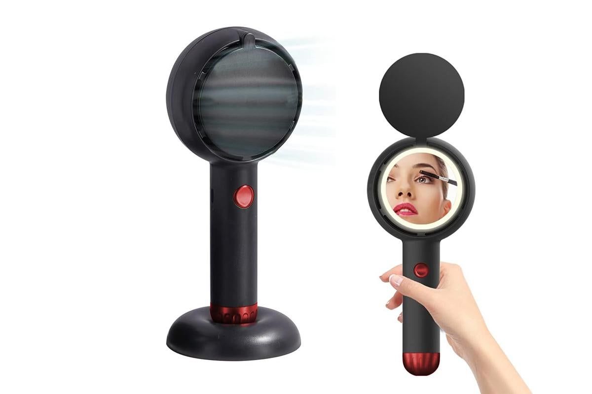 Mini Handheld Fan with LED Light Makeup Mirror Rechargeable Portable Fan Black