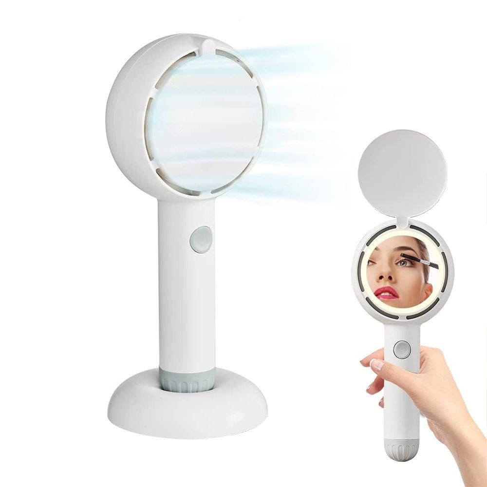 Mini Handheld Fan with LED Light Makeup Mirror Rechargeable Portable Fan Black