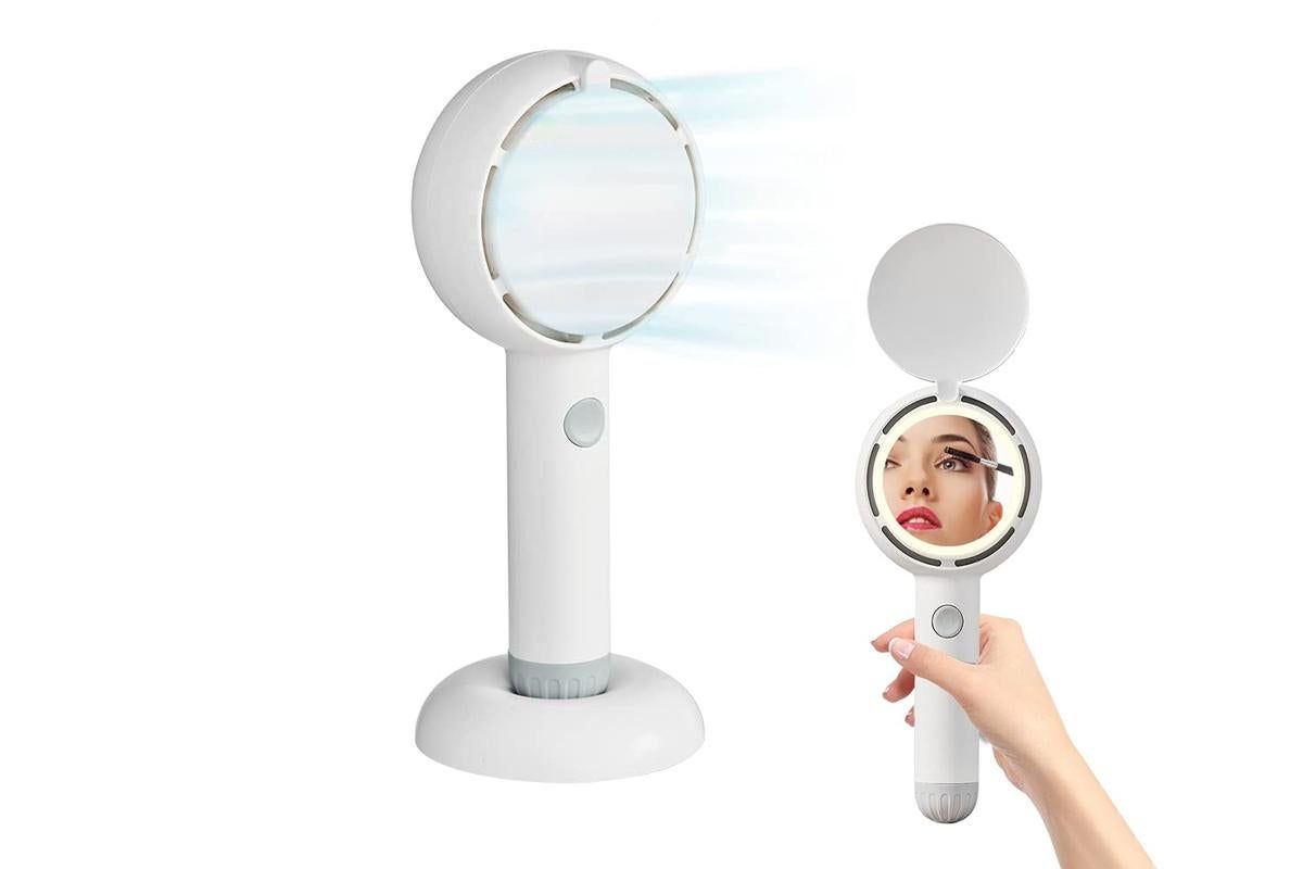 Mini Handheld Fan with LED Light Makeup Mirror Rechargeable Portable Fan White