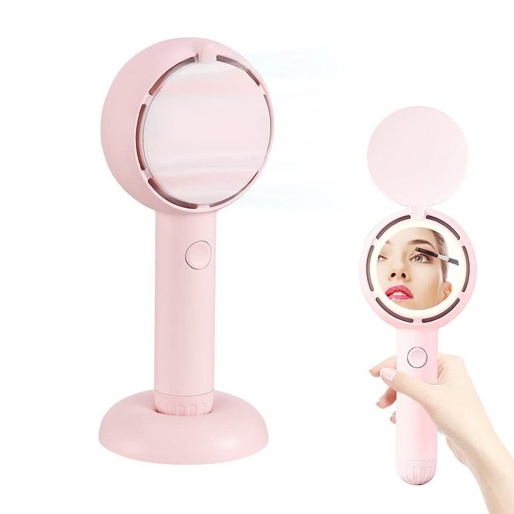 Mini Handheld Fan with LED Light Makeup Mirror Rechargeable Portable Fan White