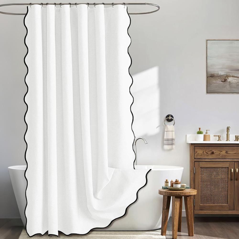 Waterproof Shower Curtain Thick Boho Wavy Edge With Rustproof Hooks - White