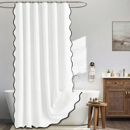 Waterproof Shower Curtain Thick Boho Wavy Edge With Rustproof Hooks - White