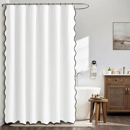 Waterproof Shower Curtain Thick Boho Wavy Edge With Rustproof Hooks - White