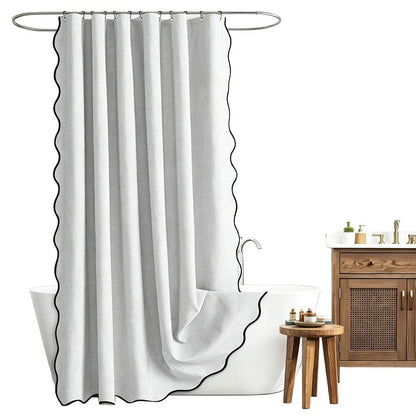 Waterproof Shower Curtain Thick Boho Wavy Edge With Rustproof Hooks - Silver