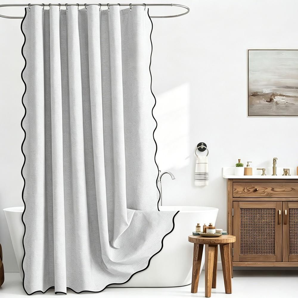 Waterproof Shower Curtain Thick Boho Wavy Edge With Rustproof Hooks - Silver