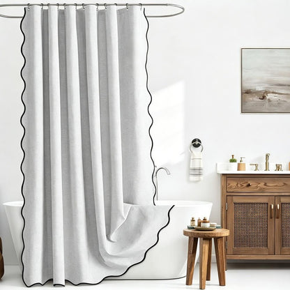 Waterproof Shower Curtain Thick Boho Wavy Edge With Rustproof Hooks - Silver