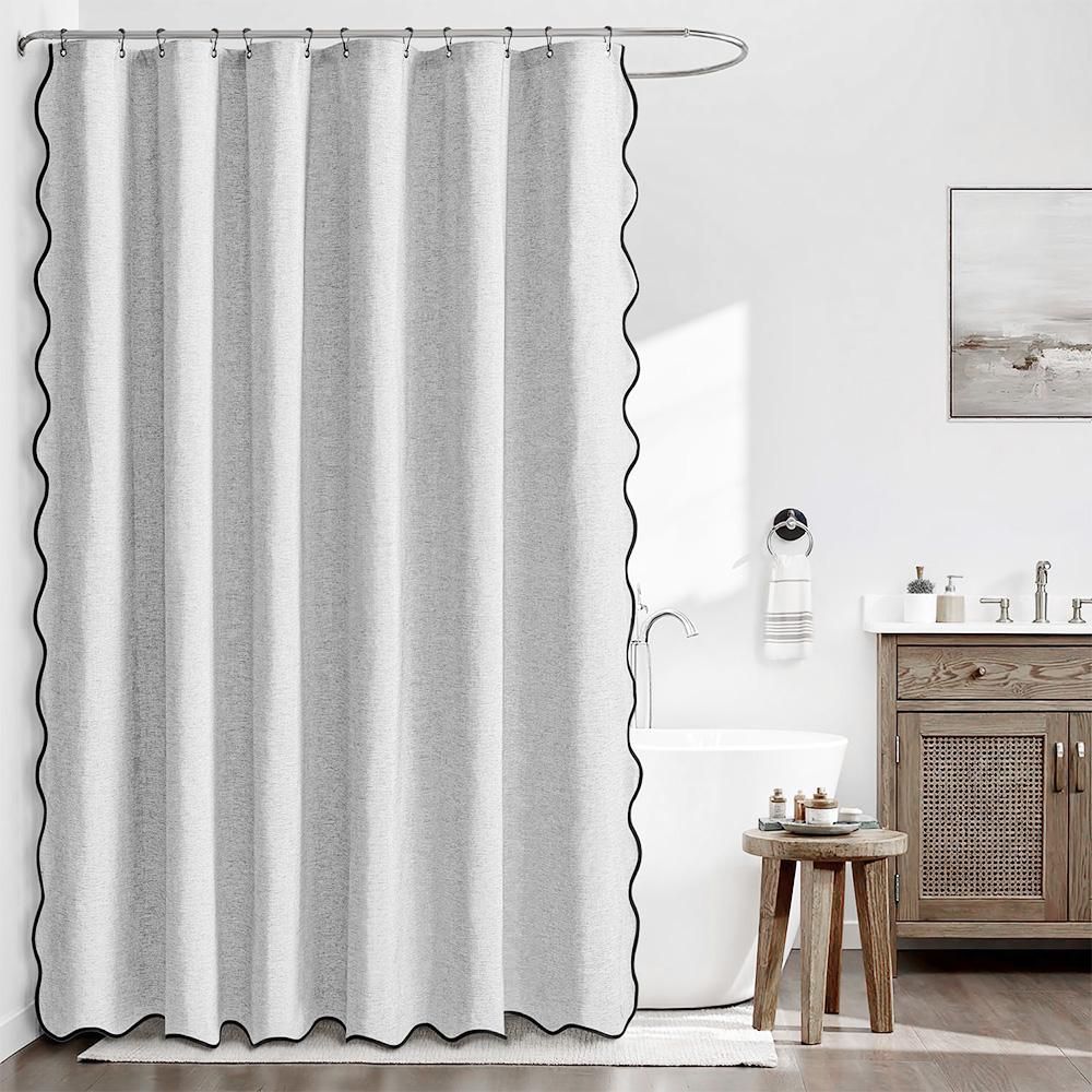 Waterproof Shower Curtain Thick Boho Wavy Edge With Rustproof Hooks - Silver