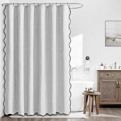 Waterproof Shower Curtain Thick Boho Wavy Edge With Rustproof Hooks - Silver